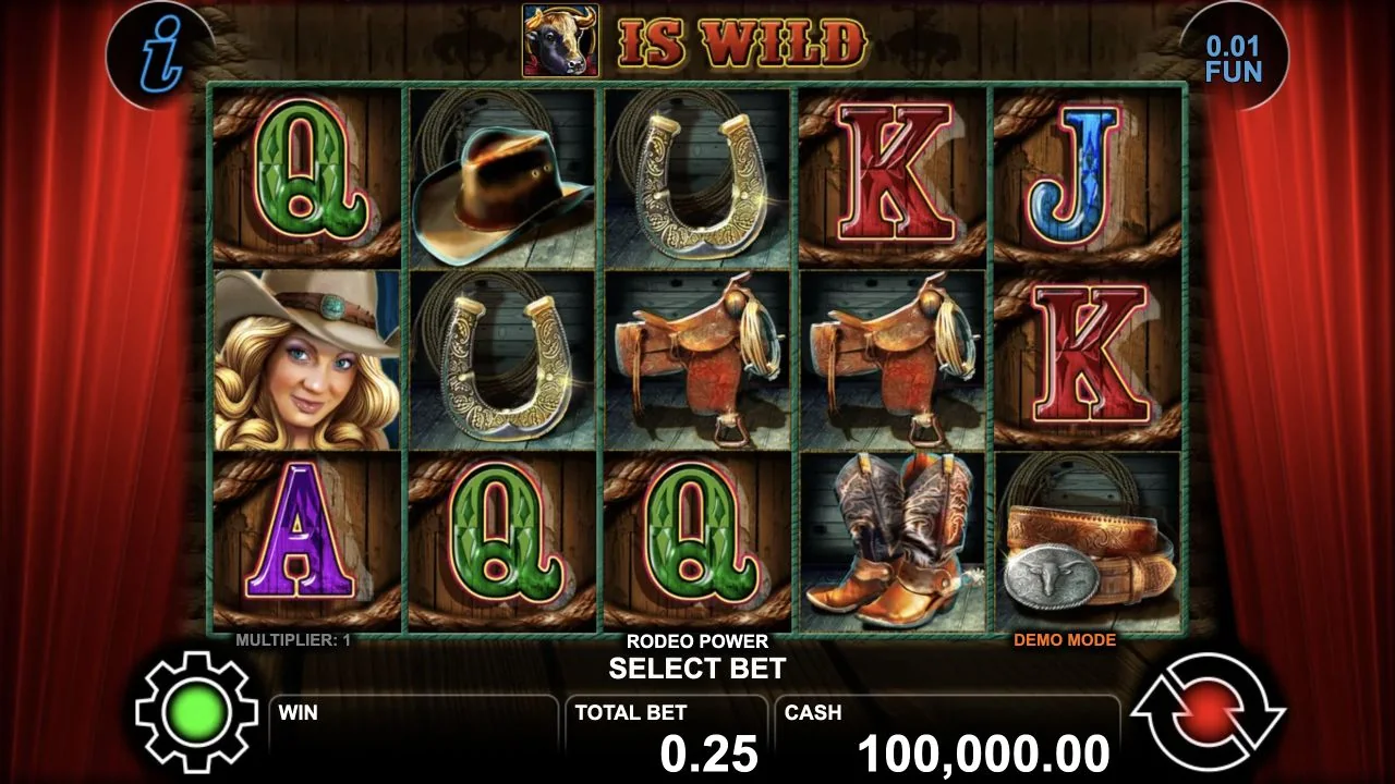 Rodeo Power gameplay screenshot showing the real reels and playing interface