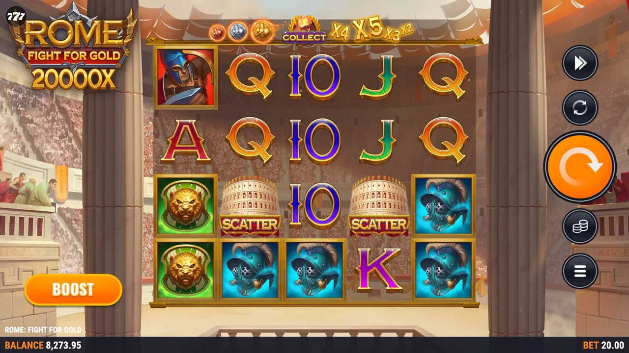 Rome Fight for Gold gameplay screenshot showing the reels and controls
