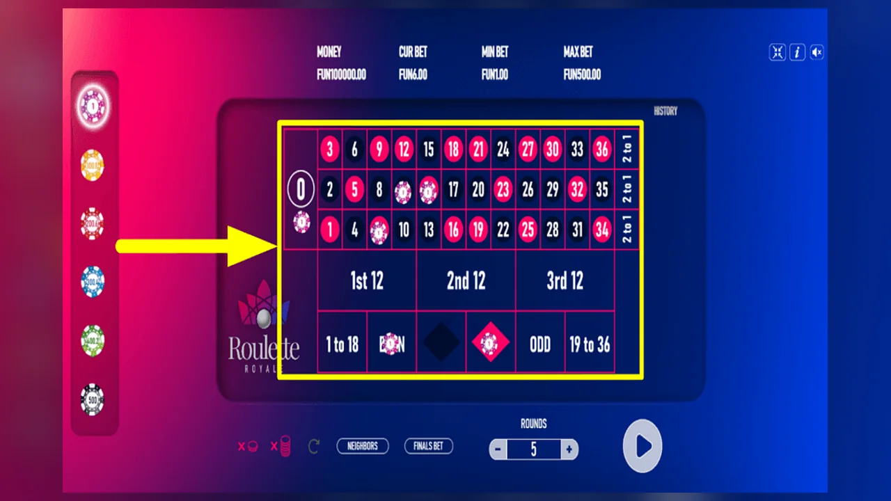 Roulette Royale European gameplay screen with the game interface and controls visible
