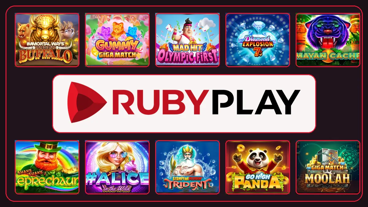Ten RubyPlay game thumbnails arranged around the official RubyPlay logo