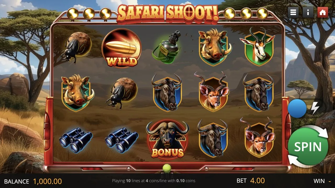 Safari Shoot gameplay screenshot showing the reels and controls