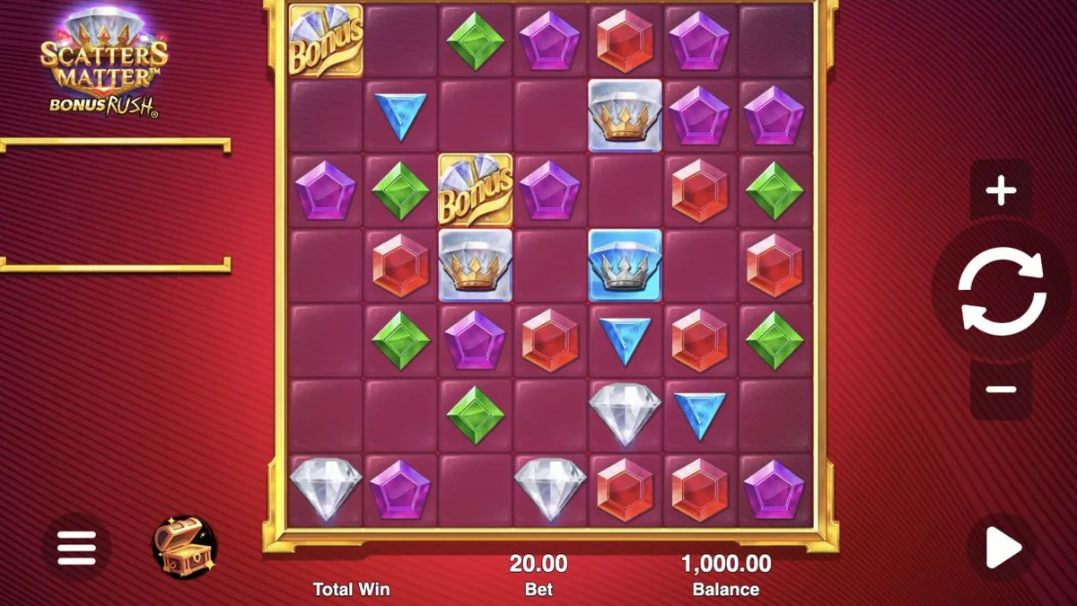 Scatters Matter Bonus Rush gameplay showing the gem grid and controls