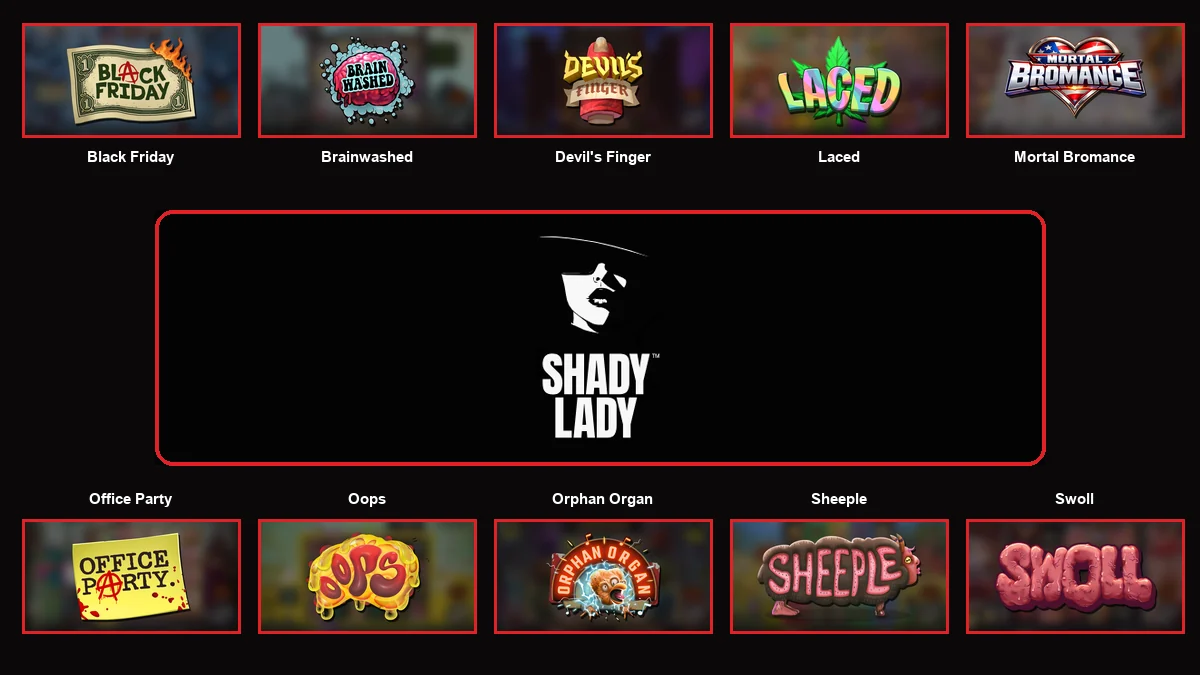 Shady Lady logo centred among ten essential game thumbnails