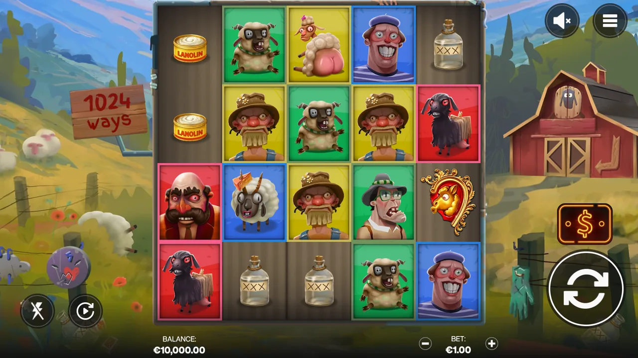 Sheeple gameplay showing the reels and controls