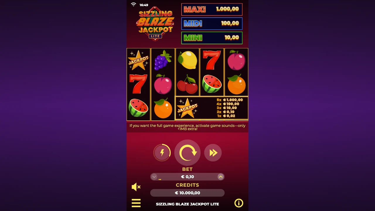 Sizzling Blaze Jackpot Lite loaded gameplay interface with active controls visible