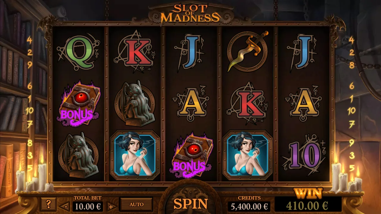 Slot of Madness official loaded gameplay interface with active controls visible