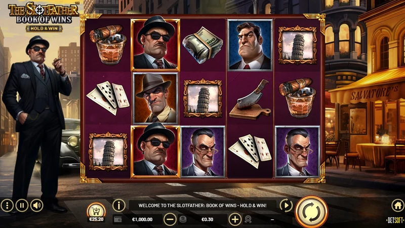 The Slotfather Book of Wins slot gameplay — Hold and Win mob themed reels