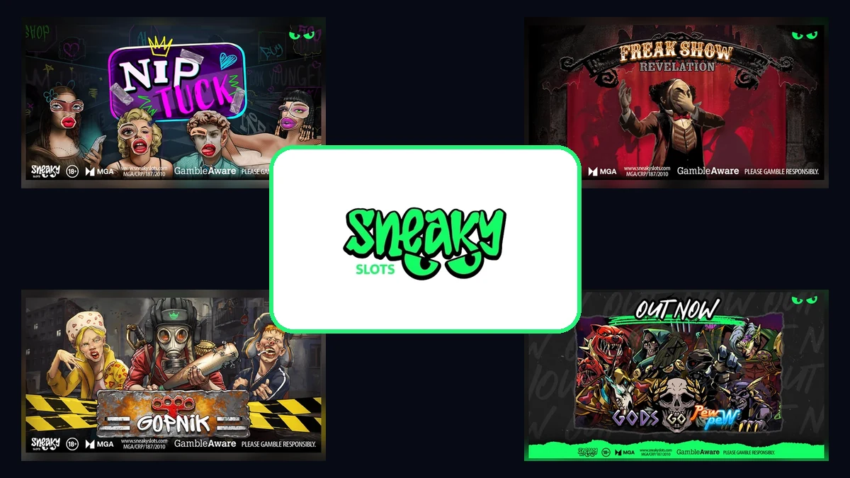 Four Sneaky Slots game thumbnails surrounding the Sneaky Slots logo