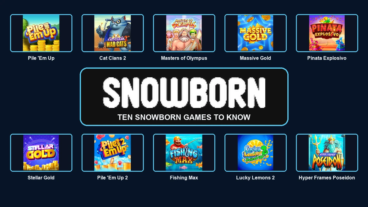 Snowborn Games logo surrounded by ten featured slots