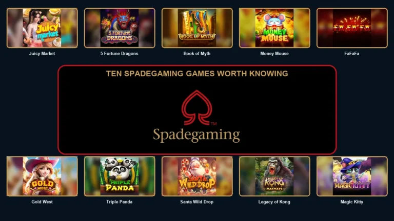Ten Spadegaming games arranged around the Spadegaming logo