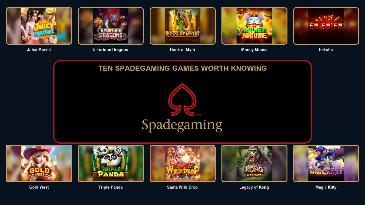Ten Spadegaming game thumbnails arranged around the large Spadegaming logo