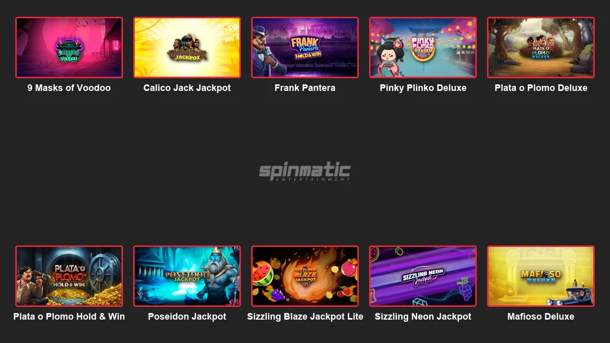 Spinmatic logo centred between ten complete branded game thumbnails