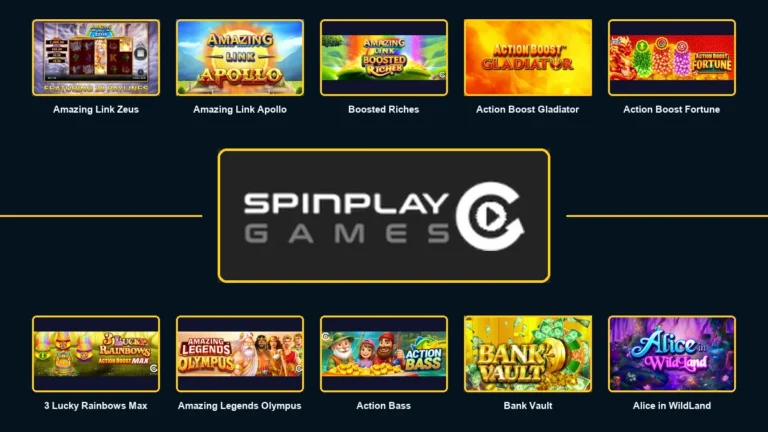 SpinPlay Games logo surrounded by ten essential slots