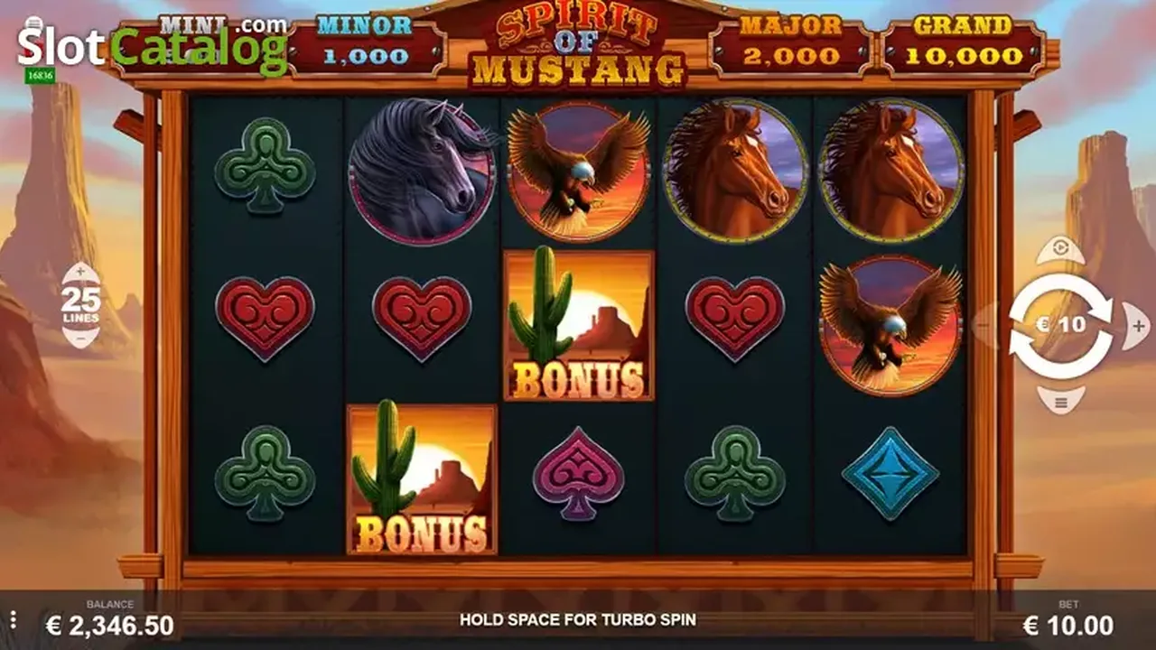 Spirit of Mustang gameplay screenshot showing the reels and controls