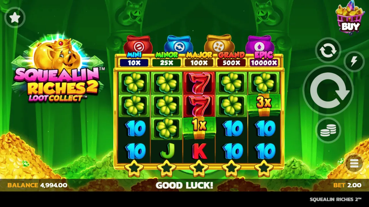 Squealin' Riches 2 gameplay showing the reels and controls
