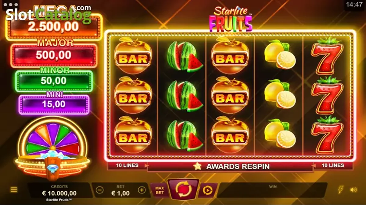 Starlite Fruits gameplay screenshot showing the reels and game interface