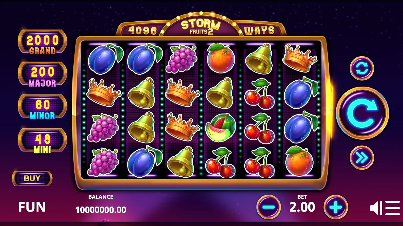 Storm Fruits 2 loaded gameplay interface with active controls visible