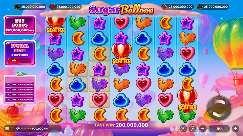 Sugar Balloon slot gameplay — candy carnival cluster pays reels