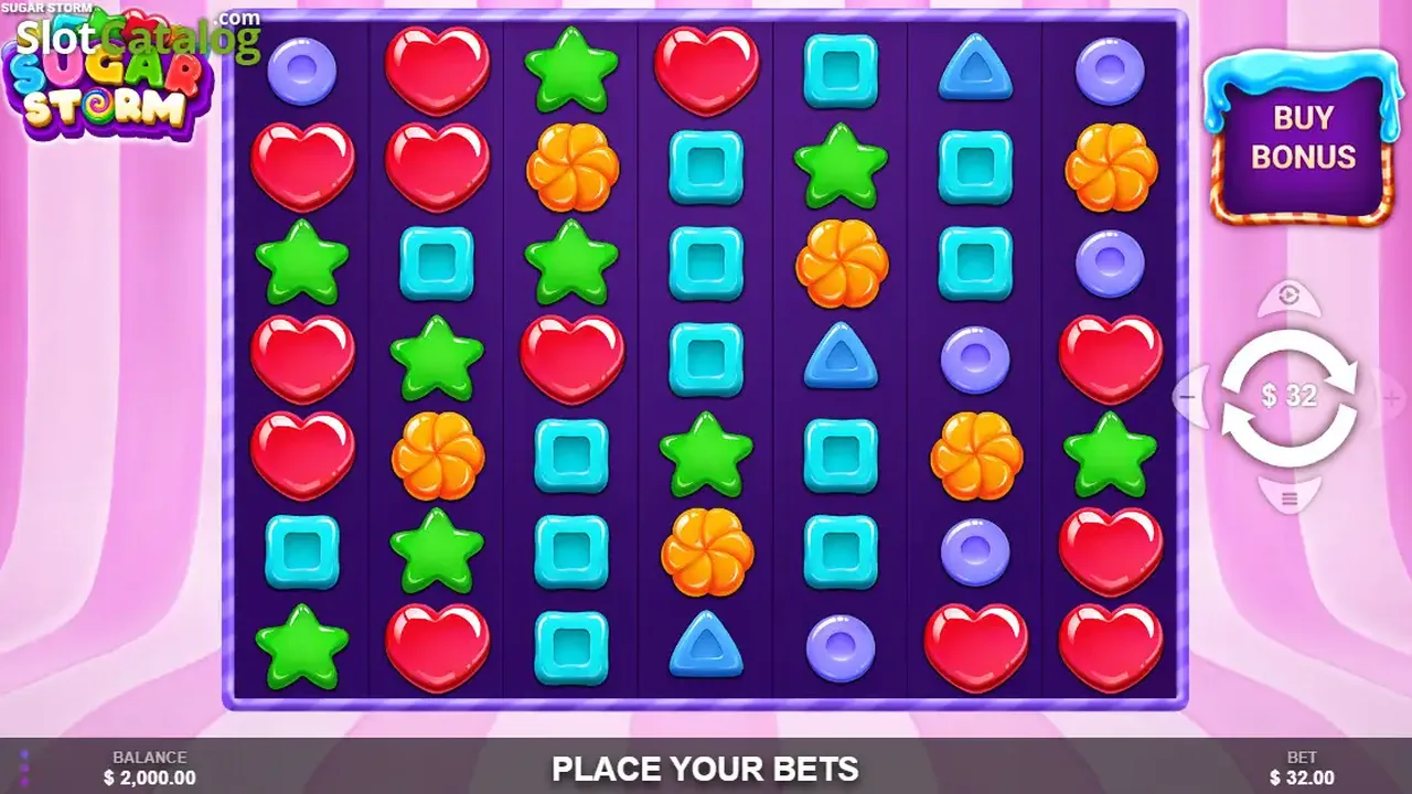 Sugar Storm gameplay screenshot showing the reels and controls