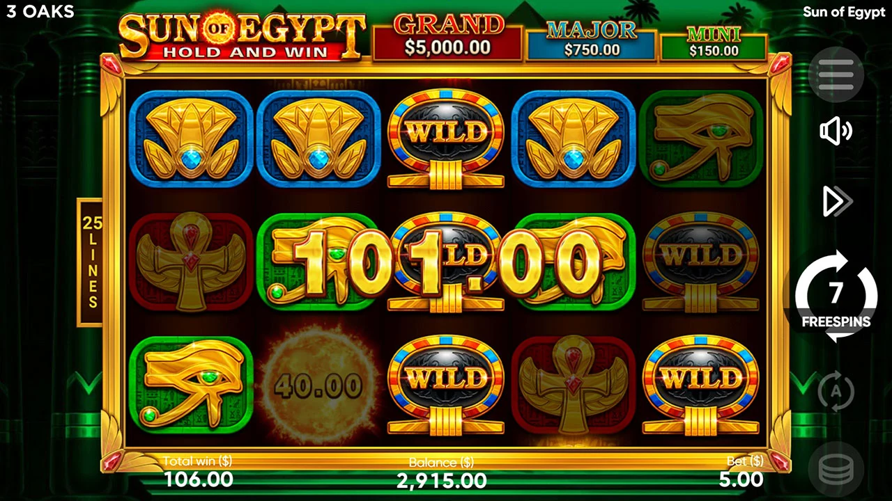 Sun of Egypt loaded gameplay interface showing the reels and controls