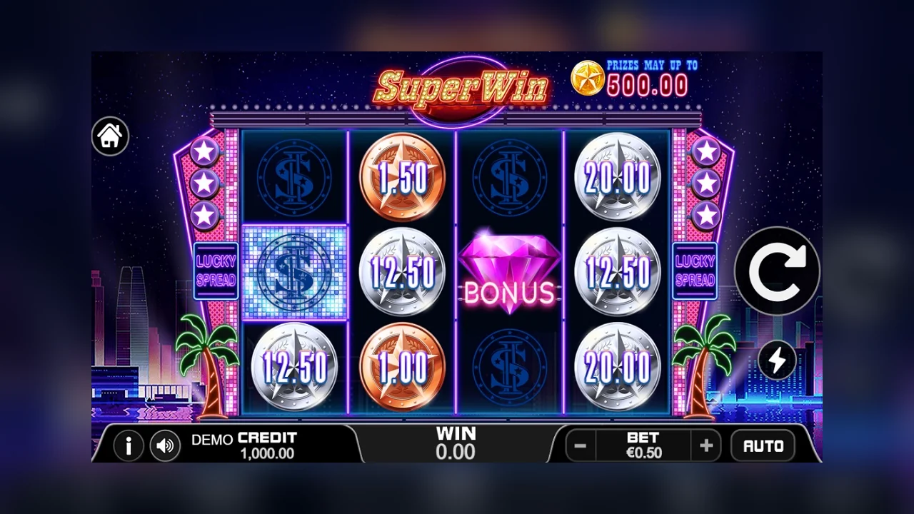 Super Win gameplay screen with reels, symbols and controls visible