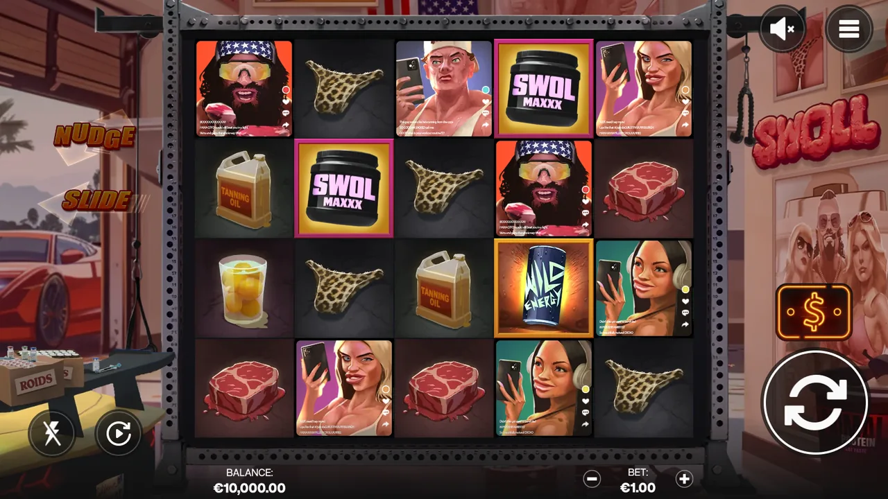 Swoll gameplay showing the reels and controls