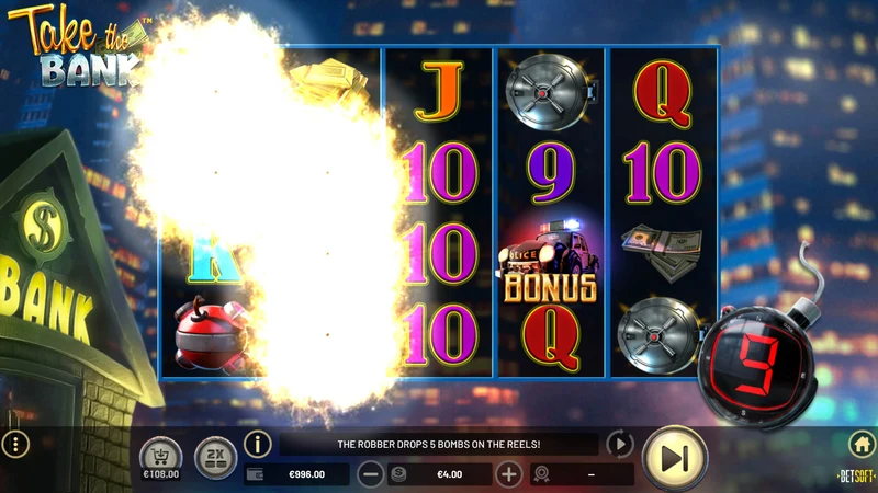 Take the Bank slot gameplay — heist spins with exploding wilds