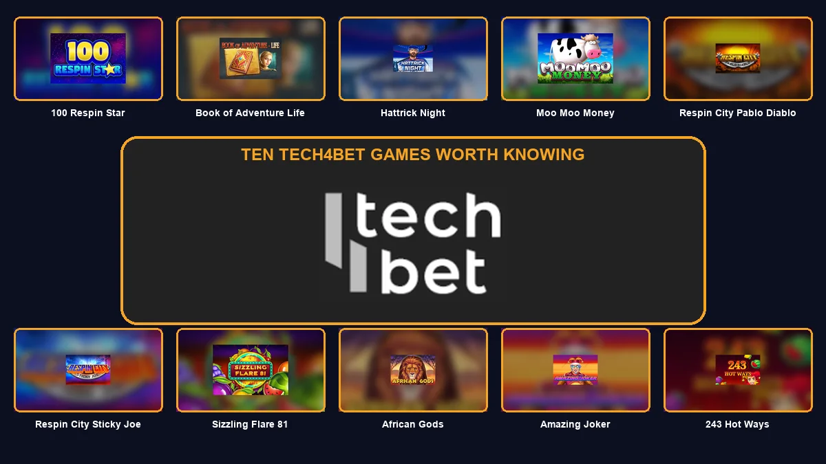 Ten Tech4Bet game thumbnails arranged around the large Tech4Bet logo