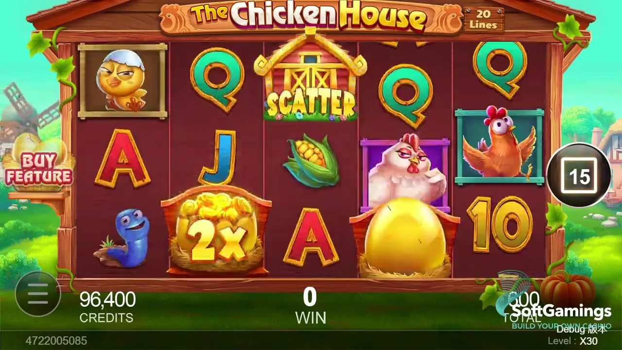 The Chicken House gameplay showing reels and controls