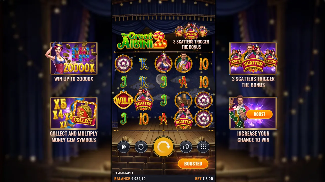 The Great Albini 2 gameplay screenshot showing the reels and controls