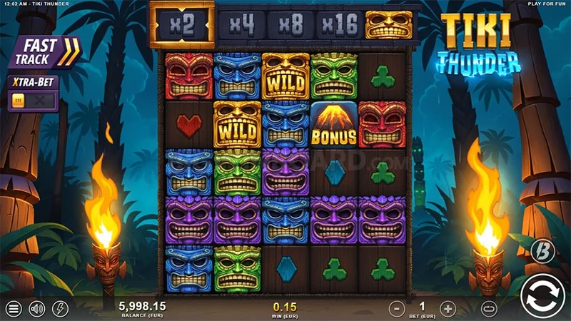 Tiki Thunder slot gameplay — tiki mask cluster grid