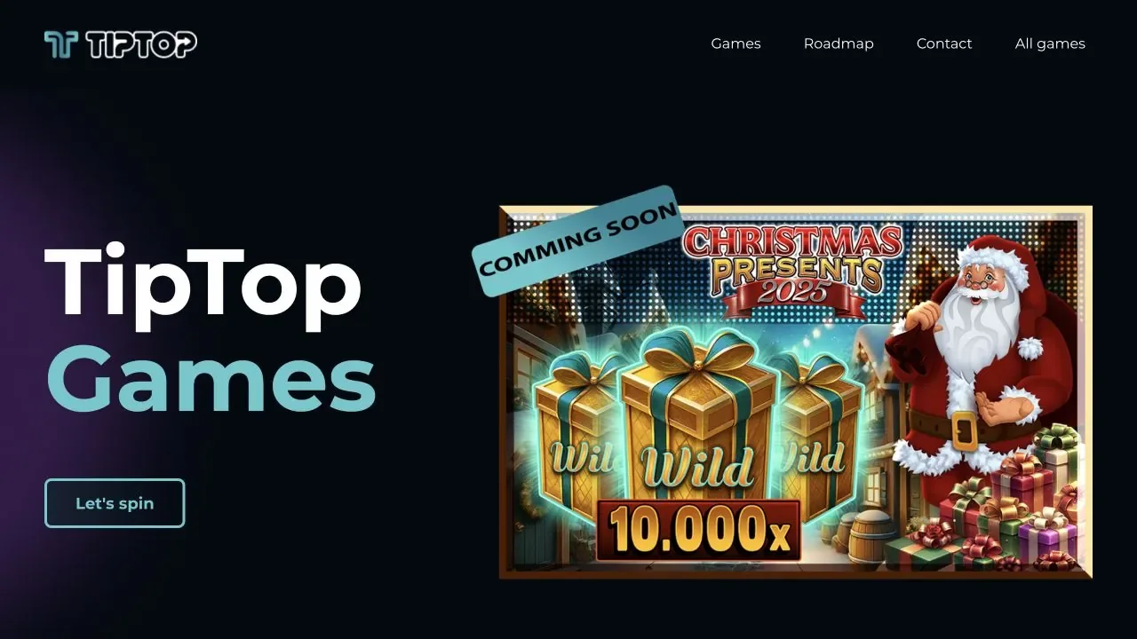 Official Tiptop Games website with navigation and a featured game card