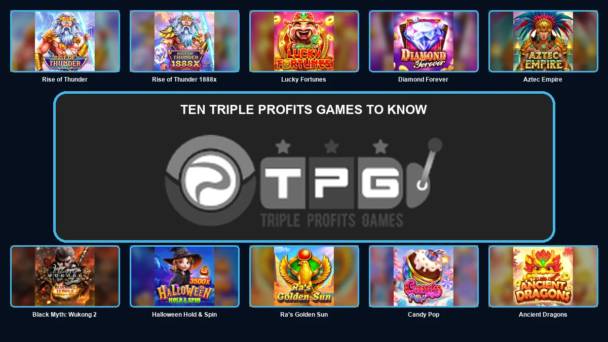 Ten Triple Profits Games thumbnails surrounding the centred TPG logo