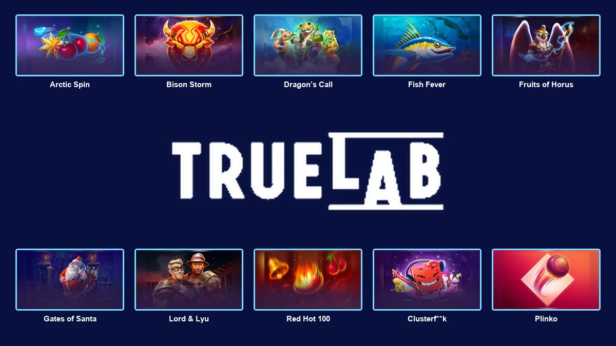 TRUE LABS logo centred between ten complete branded game thumbnails