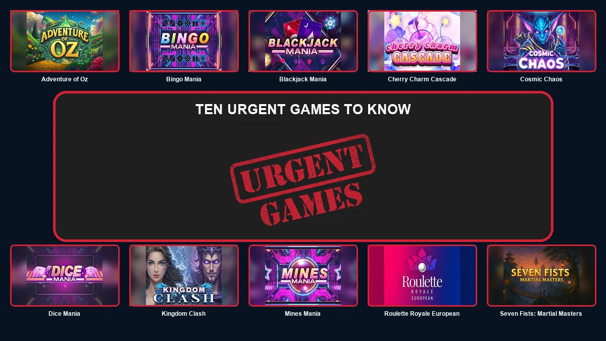 Ten Urgent Games thumbnails surrounding the centred official Urgent Games logo