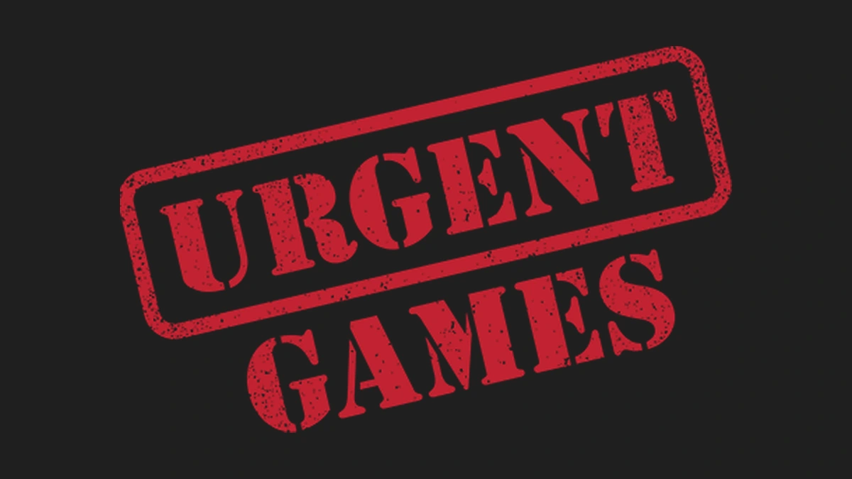 Urgent Games red stamp logo filling its matching charcoal background