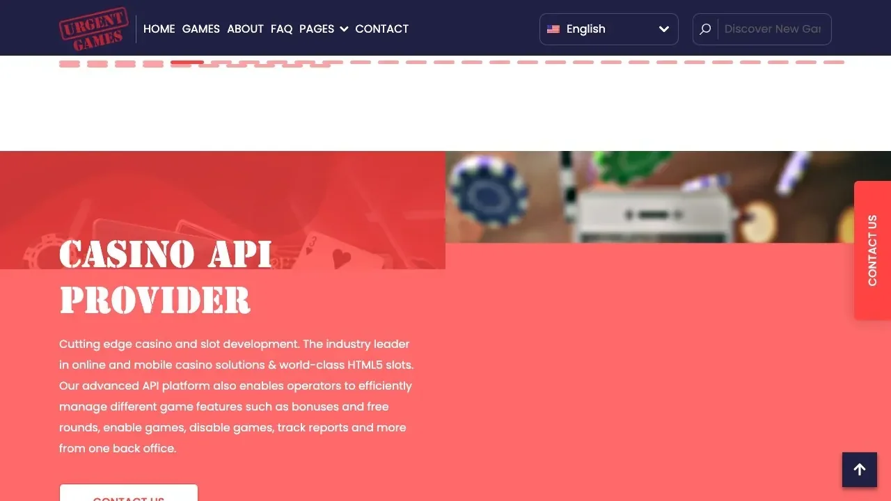 Official Urgent Games website showing its Casino API Provider page