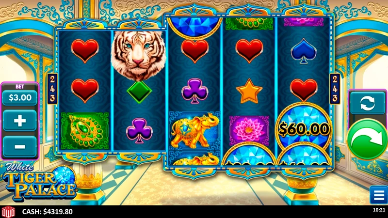 White Tiger Palace slot gameplay — Asian temple themed reels with white tiger
