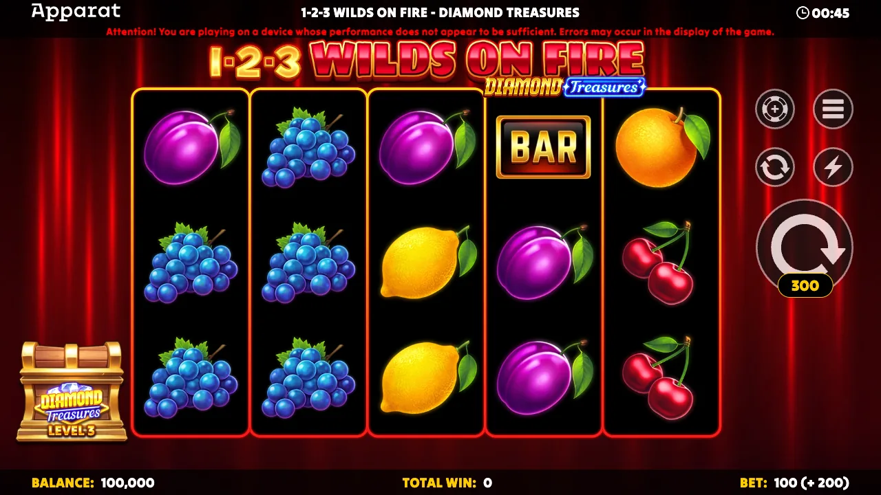 1-2-3 Wilds on Fire: Diamond Treasures official loaded gameplay interface with active controls visible
