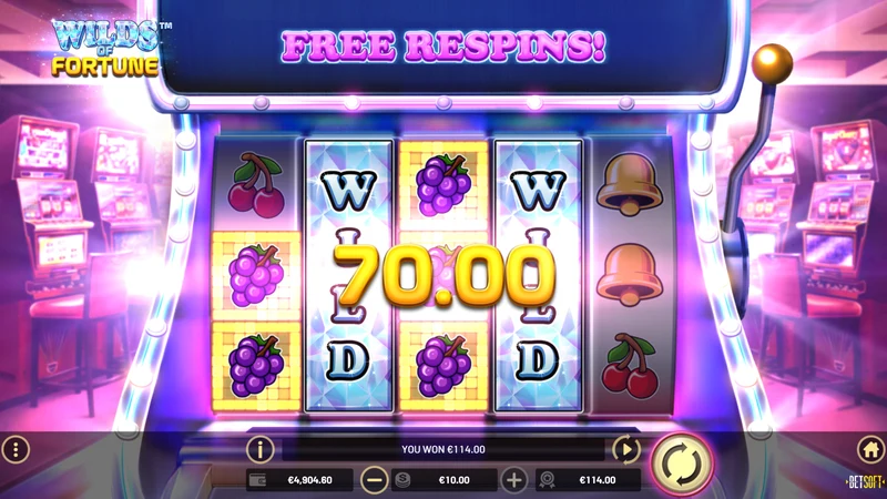 Wilds of Fortune slot gameplay — neon Vegas reels with free respins
