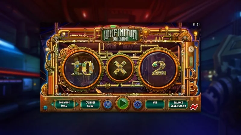 Winfinitum Reels slot gameplay — steampunk mechanical reels