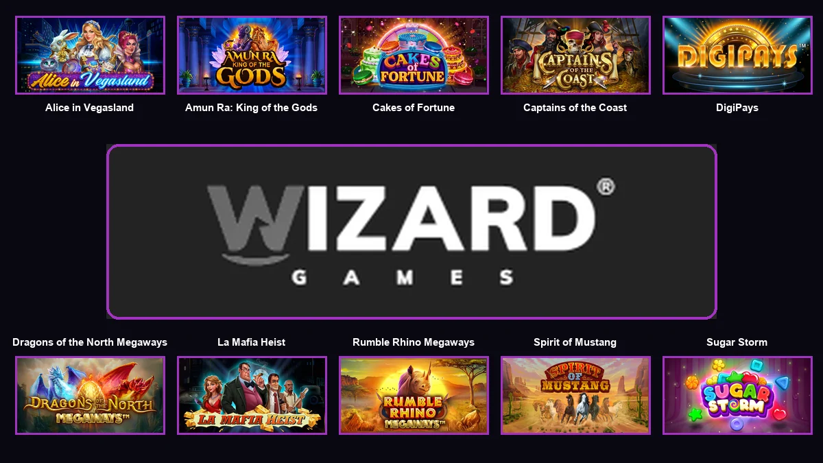 Wizard Games family image with the full provider logo centred among ten branded game thumbnails