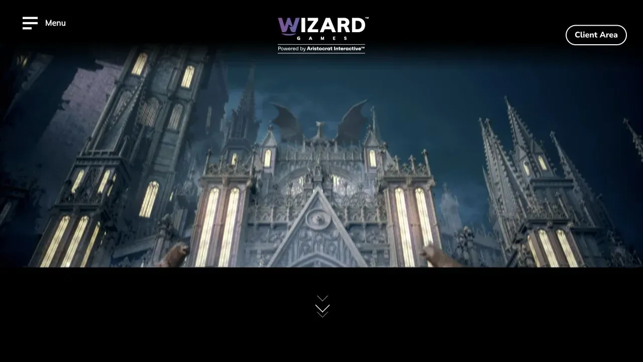 Clean screenshot of the official Wizard Games website powered by Aristocrat Interactive