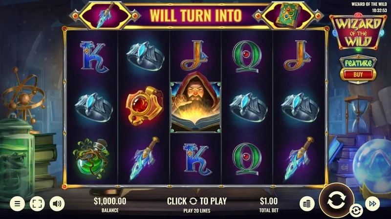 Wizard of the Wild slot gameplay — wizard theme with transforming wilds