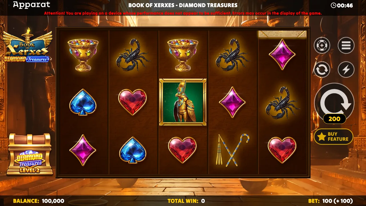 Book of Xerxes Diamond Treasures official loaded gameplay interface with active controls visible