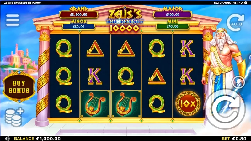 Zeus's Thunderbolt 10000 slot gameplay — Greek mythology reels and jackpot ladder