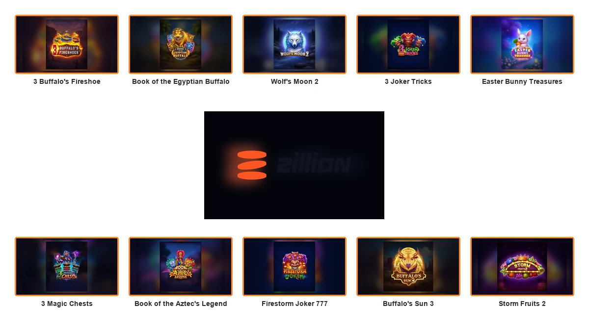 Zillion Games logo centred between ten complete branded game thumbnails