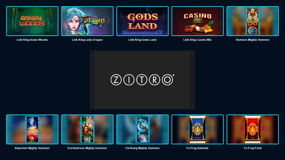 Zitro logo centred between ten complete branded game thumbnails