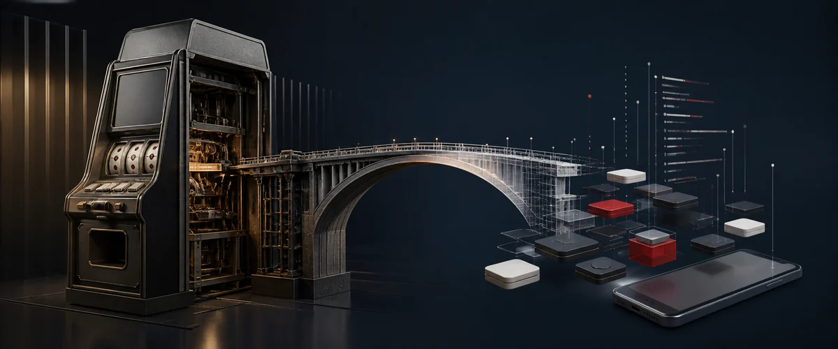 Redaktionelle Illustration einer technischen Brücke von klassischer Amatic-Automatenarchitektur zu modularer mobiler HTML5-Auslieferung