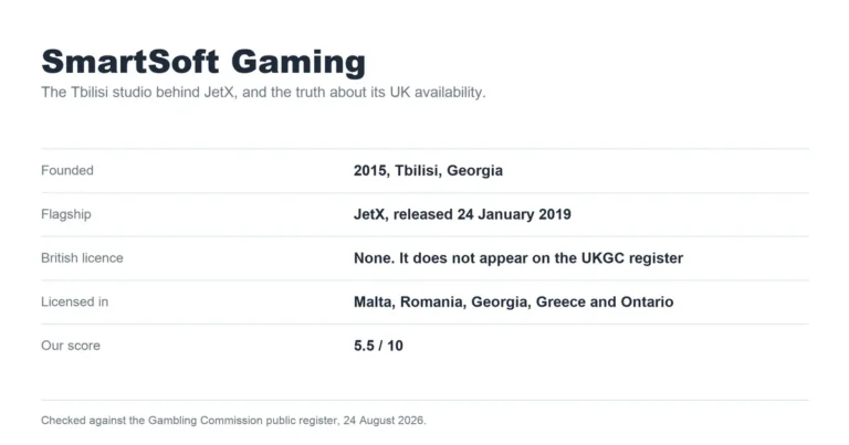 SmartSoft Gaming at a glance: founded 2015 in Tbilisi, no UK Gambling Commission licence